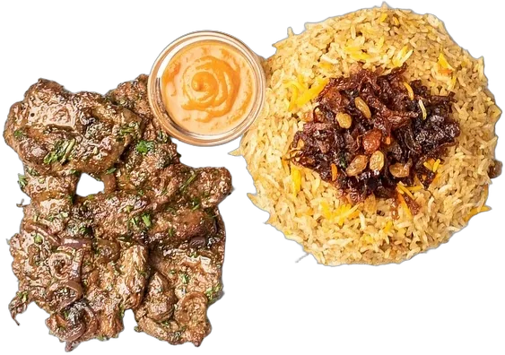 Beef suqaar beside Somali rice topped with fried onions and raisins